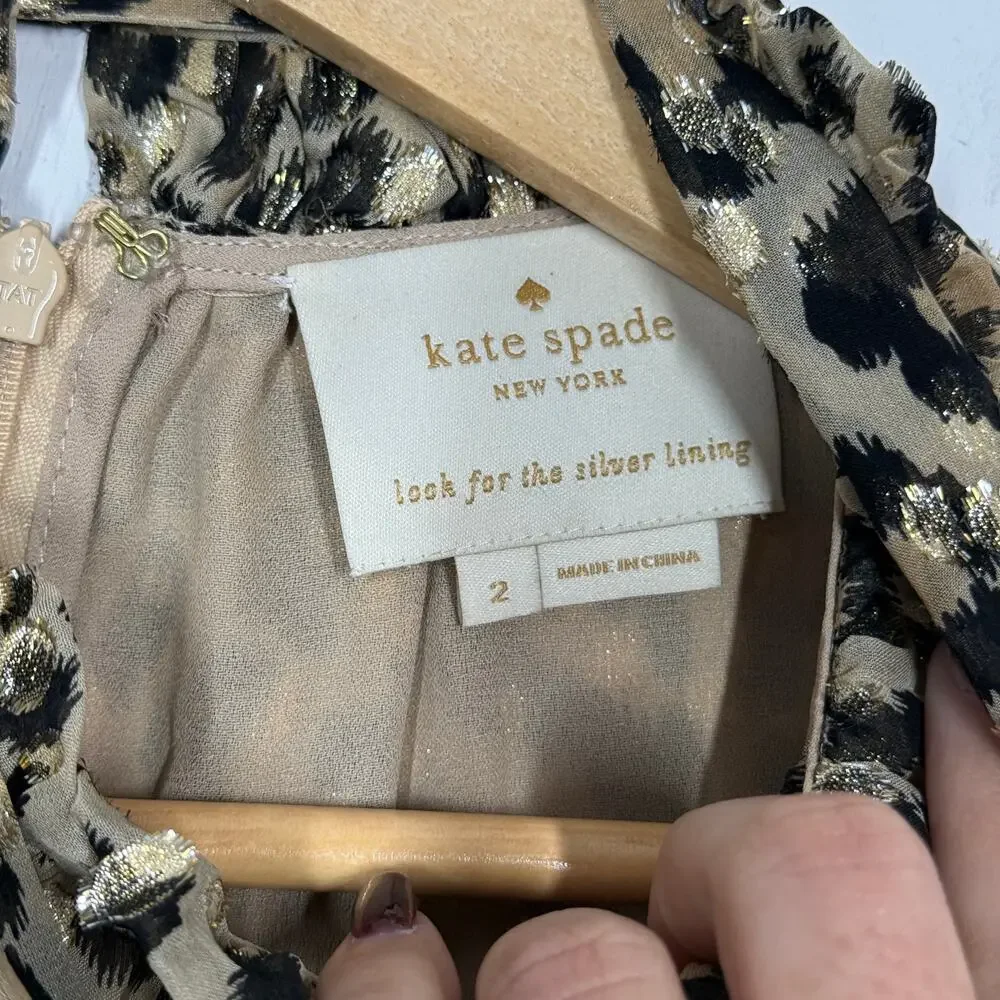 Kate Spade Mini Dress Womens Size 2 Beige Leopard Silk Blend Metallic Ruffle Dot